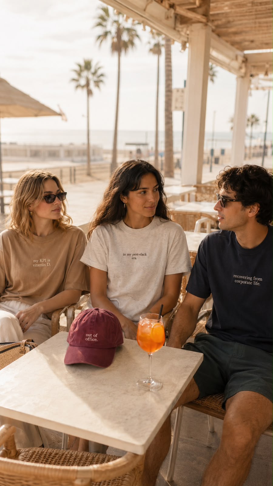 Three friends in recovering humans co. tees at a beach café, out of office cap on the table