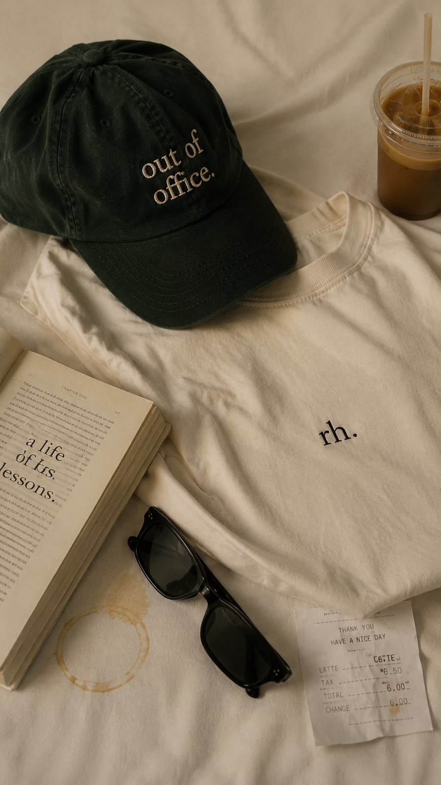 Flatlay of the out of office cap, essential tee, a novel and an iced latte