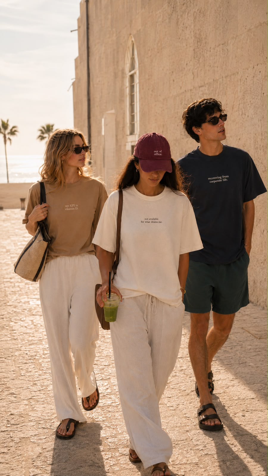 Three friends walking a sunlit seaside promenade in drop 001 pieces