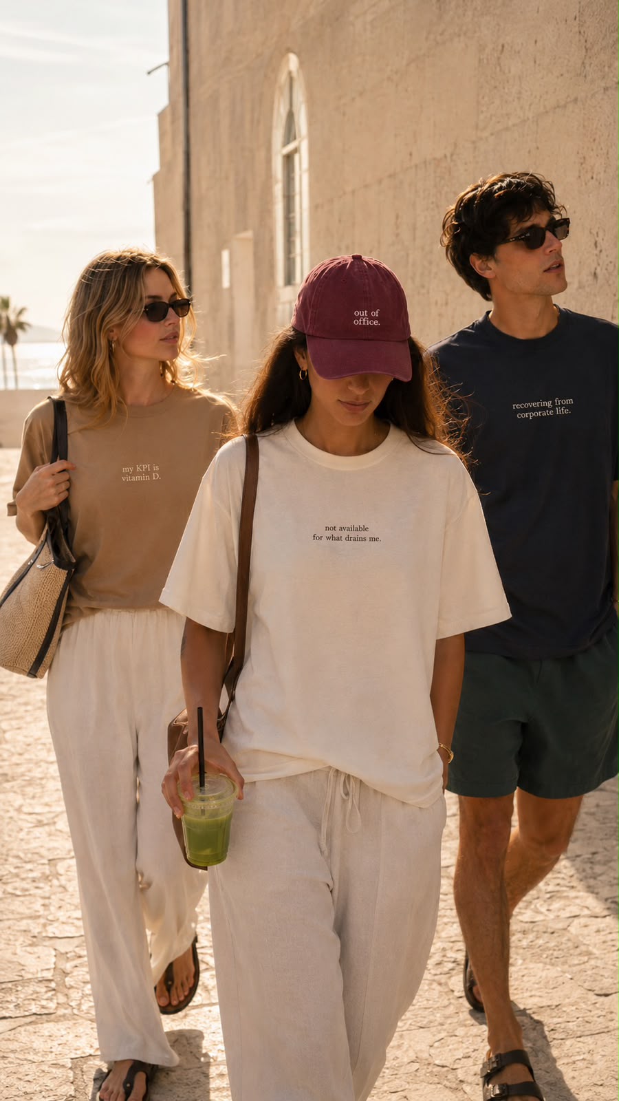 Trio walking, cream not available for what drains me tee in the middle